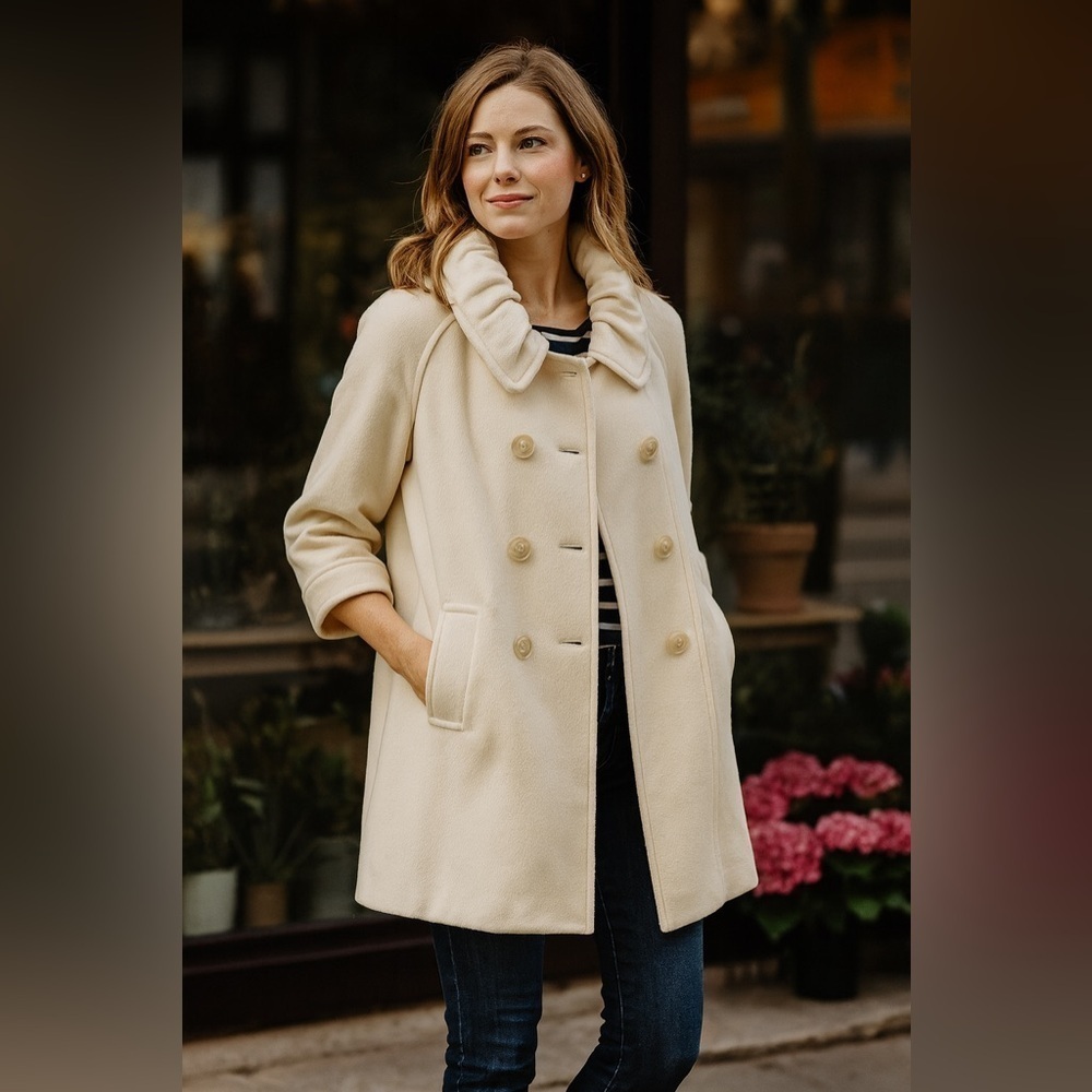 Via Cream Wool Ruffle Collar Bell Sleeve Pea Coat Women’s Size 8